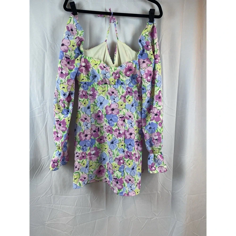 Women's Size Medium Square Neck Puff Sleeve Floral Mini Summer Dress Long Sleeve